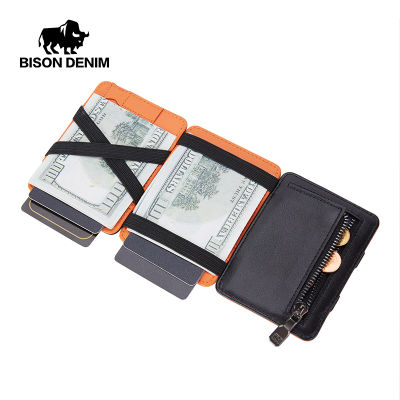 BISON DENIM Leather Magic Wallet for Men Trifold Slim Rifd Blocking Credit Card Holder with Coin Pocket Mini Purse W9725