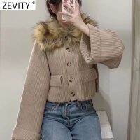 Zevity Women Fashion Artificial Fur Collar Knitting Coat Ladies Double Pockets Patch Buttons Chic Jacket Veste Femme Tops CT799