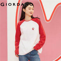 GIORDANO Women T-Shirts Flock Print 100% Cotton Tee Contrast Color Raglan Long Sleeve Crewneck Fashion Casual Tshirts 18323606