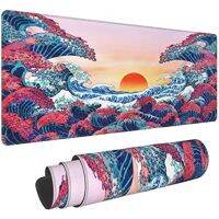 Vintage Japanese Wave Sunrise Mat แผ่นรองเม้าส์ฐานยางกันลื่น Sewn Edge แผ่นรองเม้าส์ขยาย 31.5 x 11.8 นิ้ว