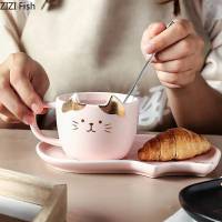 ถ้วยกาแฟเซรามิกแมวและจาน แก้วกาแฟ ด้วยแก้วเซรมิคน่ารัก Creative Cat เซรามิคถ้วยกาแฟจานรองการ์ตูน