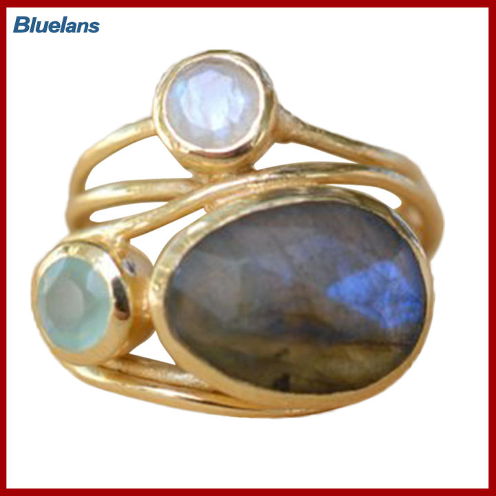 Bluelans®ของขวัญจิวเวลรี่แหวนใส่นิ้วของผู้หญิงพลอยมูนสโตนประดิษฐ์หลายชั้นแบบแหวกแนววินเทจ