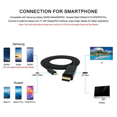 USB C ไปยังอะแดปเตอร์ DisplayPort 6FT/1.8 เมตร USB 3.1 ประเภท - C ชายไปยัง DP ชาย 4 พัน 4 พันการแสดงผล 1.5M