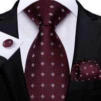 Dark Red Plaid Silk Ties for Men Classic 8cm Business Wedding Party Accessories Pocket Square Cufflinks Gift DiBanGu Dropship