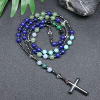 ZZOOI Rosary Necklace For Men Women 8mm Lazuli Lapis Stone Beads Cross Necklace Meditation Chakra Buddha Bracelet Necklace Jewelry