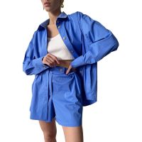 COD SDFGDERGRER Women Tooling shirt Lapel Tops Long Sleeve Shirt Casual 2 Piece Shorts Set Oversized Button Down Cadigan Shirt Elastic Waist Shorts Set Pajama Lounge Outfits Sets