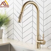 【hot】 Quyanre Brushed Gold Faucet Pull Out Sink Handle Mixer Rotation Shower