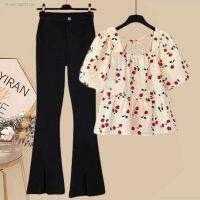 Summer suit for women 2023 new large size womens casual and versatile slim short-sleeved high-waisted boot-cut pants two-piece trendy set