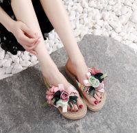 Ins net red iatn hemp travel esdrie sls an fgn flower flip-flops bea wedge heel flip-flops womens slippers