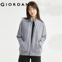 *GIORDANO Women Jackets Stand Collar Kanga Pocket Sweat Jackets Solid Color Simple Basic Fashion Casual Terry Jackets 13373101