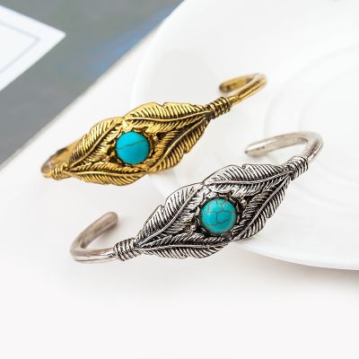 [COD] European and new retro turquoise feather leaf open bracelet AliExpress wish hot selling foreign trade sources