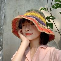 Korean Version Trendy Straw Hat Women Summer Color Striped Sunscreen Sun Has Japanese Versatile Hand-woven Bucket Cap Mujer