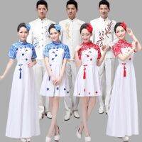 [COD] Chinese style blue and white porcelain dress long female adult student choir performance costume middle-aged elderly free shipping