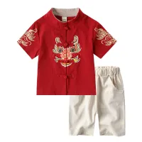 Traditional Chinese Children Clothing for Boys Hanfu Kids Tang Suit Short Sleeve Cotton Linen 2Pcs Shirt+Pant Baby Girl Clothes Set Outfit 2 3 4 6 8 Years