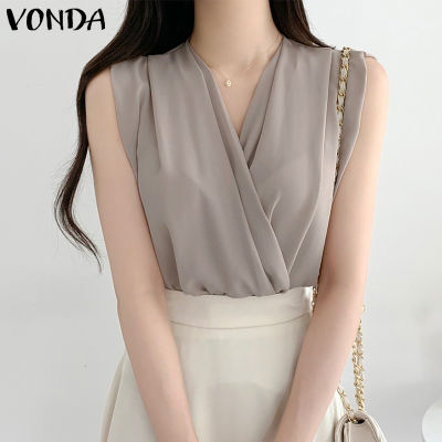 (จัดส่งฟรี)Fancystyle VONDA เสื้อสำนักงานผู้หญิงทางการ,เสื้อสายเดี่ยวสีพื้นอัดพลีท Camisoles คอวีลำลองธุรกิจ