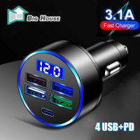 BigHouse 4พอร์ต Usb Type-C Fast Car Charger Led จอแสดงผลดิจิตอลแบบเรียลไทม์พร้อมการตรวจจับแรงดันไฟฟ้าเครื่องชาร์จ5-In-1