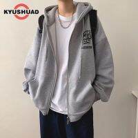 KYUSHUAD เสื้อสเวตเตอร์มีฮู้ดทรงหลวมสำหรับผู้ชาย,เสื้อแจ็คเก็ตมีฮู้ดสำหรับคู่รักพิมพ์ลายบางแบบเรียบง่าย