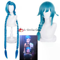 เกม LOL Arcane Jinx คอสเพลย์วิกผม2สไตล์ยาว130ซม. สีฟ้า Double id คอสเพลย์วิกผมวิกผมสังเคราะห์ทนความร้อนหมวกวิกผม