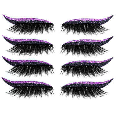 BELLE 4คู่ Reusable Self-Adhesive Shiny False Lashes อายไลเนอร์และสติกเกอร์ขนตา