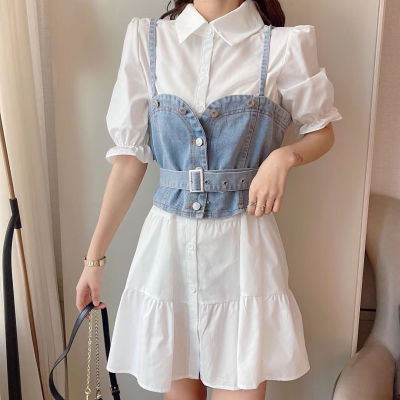 Vest suit womens autumn dress, new fashion, foreign style, age reduction, single breasted shirt, skirt, denim, Camisole, worn outside