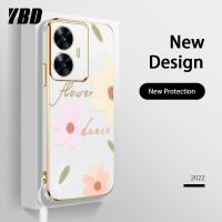 เคสโทรศัพท์ชุบโลหะด้วยไฟฟ้า YBD ขอบตรงสำหรับ OPPO Realme เคส C51 C53อย่างแม่นยำเคสกล้องเคสแถมฟรีสายคล้องลวดลายดอกไม้