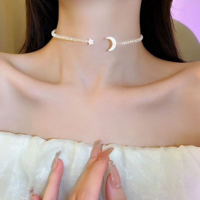 Korean Hot Sale Cute Loverly Tiny Moon Star Necklace for Lady Simple Temperament Transparent Crystal Choker Kolye Pendant Gift
