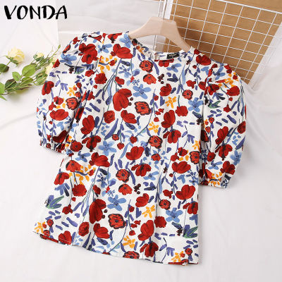 (จัดส่งฟรี)Fancystyle VONDA เสื้อยืดพิมพ์ลายดอกไม้ชายหาดวันหยุดผู้หญิงเสื้อปลายแขนบานคอกลมวินเทจโบฮีเมียน #2