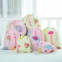 Flamingo Canvas Drawstring Pocket Buggy Bag Clothes Organizer Travel Shoes Cotton Linen Sundries Underwear Storage BagShoe Bags