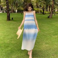 French age reduction gradient blue skirt with shoulder-straps female summer design feeling in the seaside holiday dress pressure plait skirt teamed