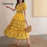 2022 summer seaside travel hollow embroidery cotton linen collarbone lace short-sleeved dress elegant holiday womens skirt