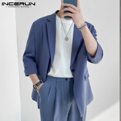 (สไตล์เกาหลี) INCERUN Mens เสื้อเบลเซอร์คาโก้3/4แขนยาวกระดุมแถวเดียวสำนักงานธุรกิจเสื้อแฟชั่น