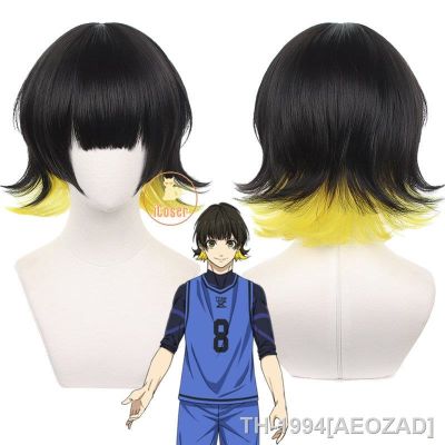 AEOZAD อะนิเมะ Azul bloqueio bachira meguru peruca คอสเพลย์ preto cabelo amarelo tigela corte Equipe Z เบอร์ 8 jogador de futebol BOB ฮาโลวีนอุปกรณ์เสริม homem