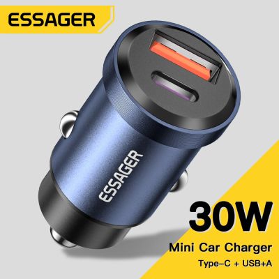 Essager USB C ที่ชาร์จแบตในรถชาร์จเร็วสำหรับ Xiaomi iPhone 12 13หัวเว่ย Oneplus Poco3 Samsung 30W TypeC ที่ชาร์จโทรศัพท์ในรถยนต์ Yuebian