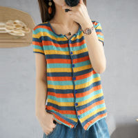 New Summer Short-Sleeved Womens Round Neck Color Matching Cardigan Half-Sleeved Loose Casual Knitted Bottoming Cardigan