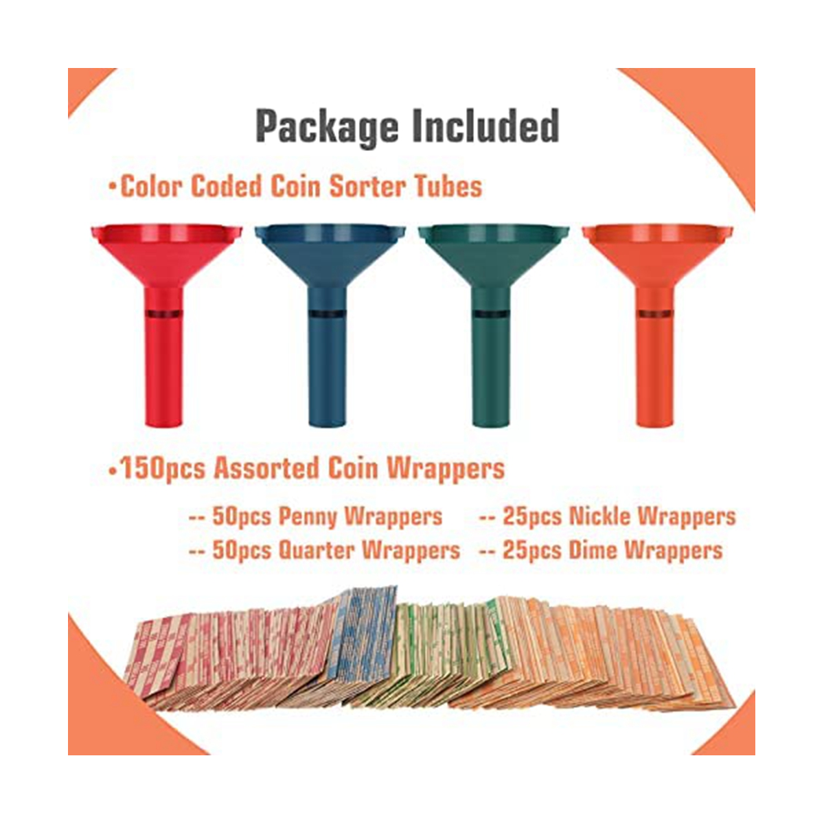 Coin Sorter with Coin Wrappers with 150Pcs Coin Rolls Wrappers Assorted