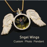 Angel Wings Medallions Custom Photo Pendant Necklace For Men Hip Hop Jewelry Iced Out Pendant Custom Engraved Name Memory Gift Fashion Chain Necklaces