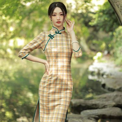 2022 Snowflake Lace Plaid Cheongsam Dress Retro Art Daily Improvement Cheongsam