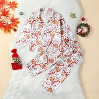 Kids Children Christmas Pajamas Set Satin Silk Santa Claus Cookie Print Long Sleeve Tops with Pants Sleepwear For Girls Boys