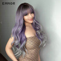 Hot Emmor สังเคราะห์ Ombre สีม่วงเงิน Wigs สีบลอนด์ธรรมชาติ Wavy วิกผมสำหรับผู้หญิงคอสเพลย์สีส้ม-Daily Party Wigs กับ Bangs