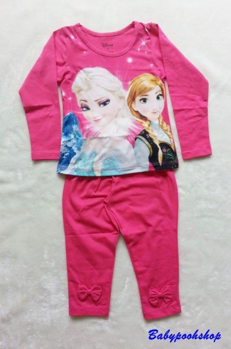 Disney : เสื้อแขนยาวพิมพ์ลาย เจ้าหญิง Anna&Elsa สีชมพูเข้ม เสื้อเนื้อผ้ากึ่งมัน กางเกง cotton ยืดค่ะ Size : 2y