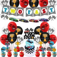 【CW】 Two Fast Race Car Theme Birthday Party Decor Happy 2 Year Old Race Car Banner Cake Topper Balloon Cheer Baby 2nd Birthday Party