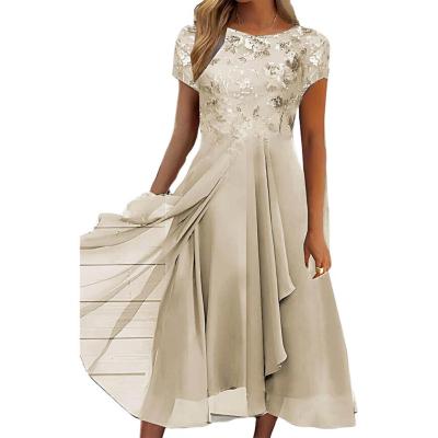 Midi Dress O-Neck Short Sleeve Waist Tight Embroidery Lace Floral Pattern Chiffon Draped Hem Evening Dress Women Elegant 2022