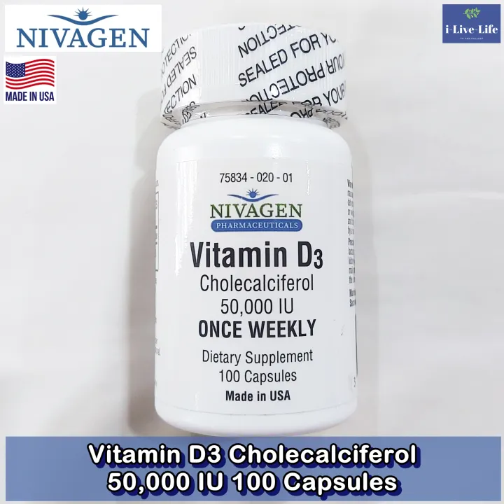 วิตามินดี 3 Vitamin D3 Cholecalciferol 50,000 IU 100 Capsules Nivagen