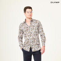 OLYMP GREEN CHOICE LUXOR Shirt เสื้อเชิ้ตรักษ์โลก สีขาว พิมพ์ลายดอกไม้ สีม่วง-เขียว ทรงหลวม ใส่สบาย รีดง่าย