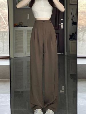 ﹍♛ Brown wide-leg pants for women spring and autumn high-waisted drape suit pants versatile slimming floor-length straight-leg pear-shaped casual pants