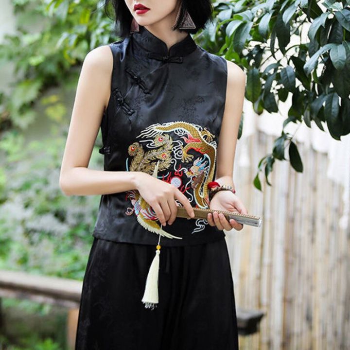 แบบดั้งเดิมชาติพันธุ์ขนาดพิเศษ-gilet-เสื้อผ้าสไตล์จีนโบราณโมเดิร์นเสื้อกั๊กสตรีสีดำ-oriental-casual-ชุดจีน-top-ropa