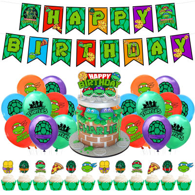 34Pcs Teenage Mutant Ninja Turtles Party ตกแต่งแบนเนอร์วันเกิดแฮปปี้ดึงธงการ์ตูนบอลลูนอะนิเมะเค้กการ์ดเค้ก Topper