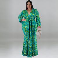 Gaun Pesta Motif Elegan Ukuran Plus Wanita Kerah V Lengan Panjang Bodycon Vestidos โหมด5XL Gaun Wanita Seksi Jubah 2022