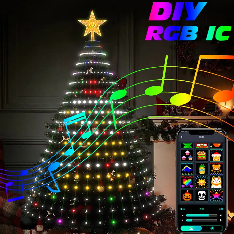 Christmas Tree RGB IC Star Waterfall String Lights Smart Bluetooth APP  Remote Control Home Holiday Decor Fairy Lights Music Sync