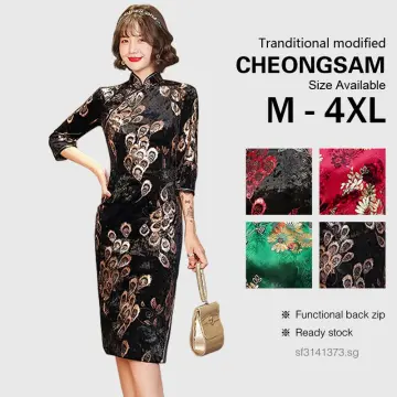 Half Sleeve Velvet A-Line Maxi Qipao / Cheongsam Dress